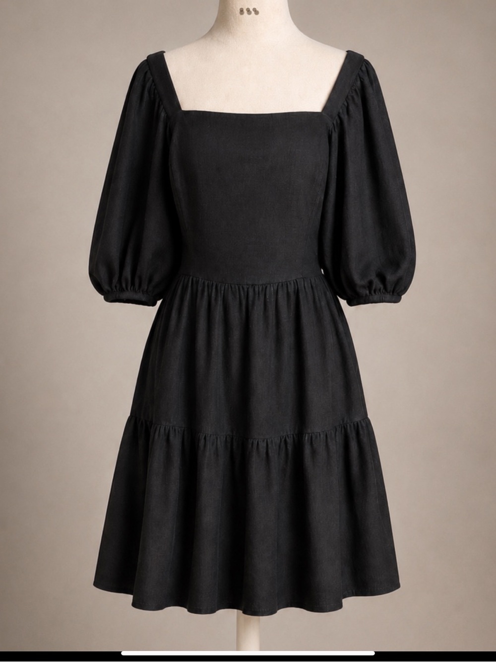House of Harlow 1960 Black Linen Blend Puff Sleeve Mini Dress Smocked Back Sz S